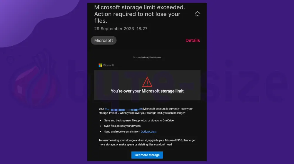 Microsoft storage limit exceeded. Action required (Phishing Email)
