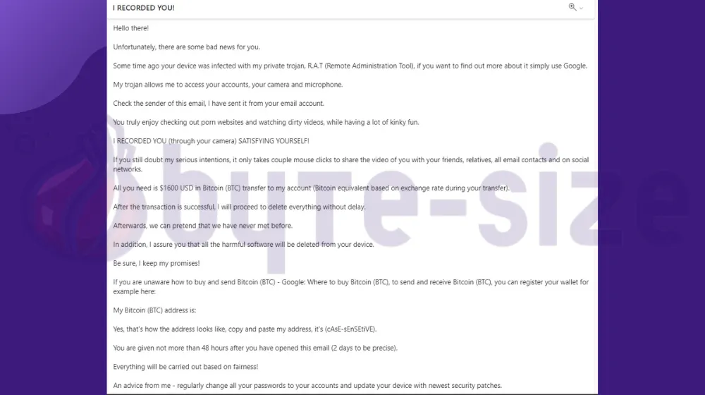 Your device was infected with my private trojan – The “I RECORDED YOU” Email Scam