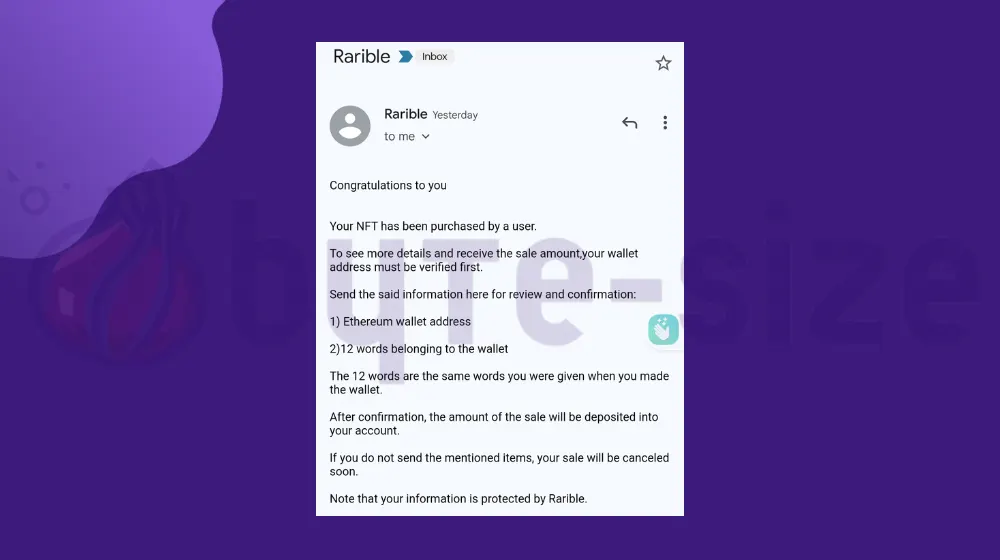 Congratulations to you, Your NFT has been purchased (Fake Rarible Email)