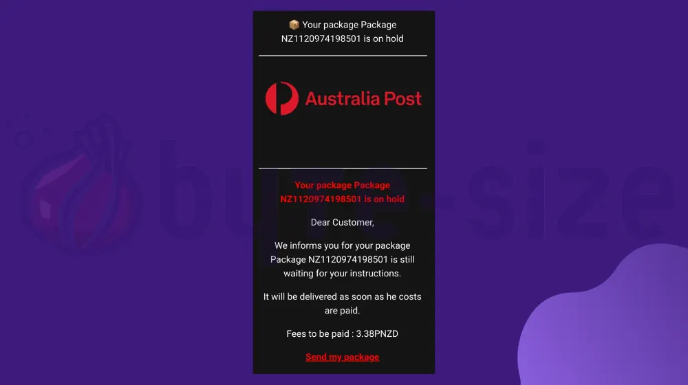 Australia Post: Package NZ1120974198501 (Email Scam)