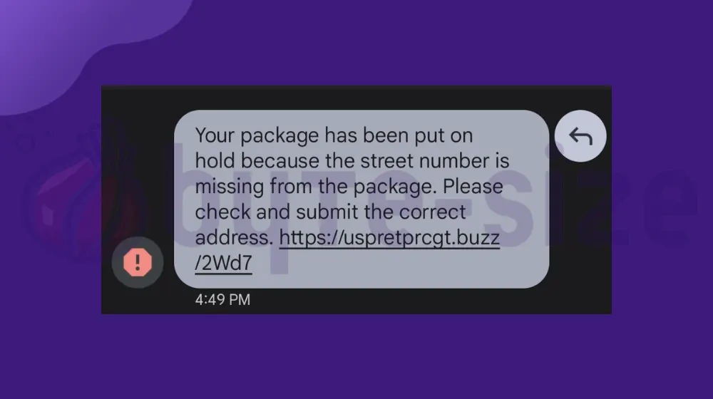 Package put on hold because the street number is missing (Text Scam)