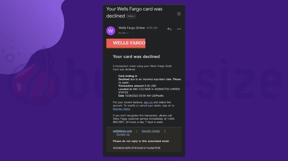 Your Wells Fargo card was declined – Email Scam